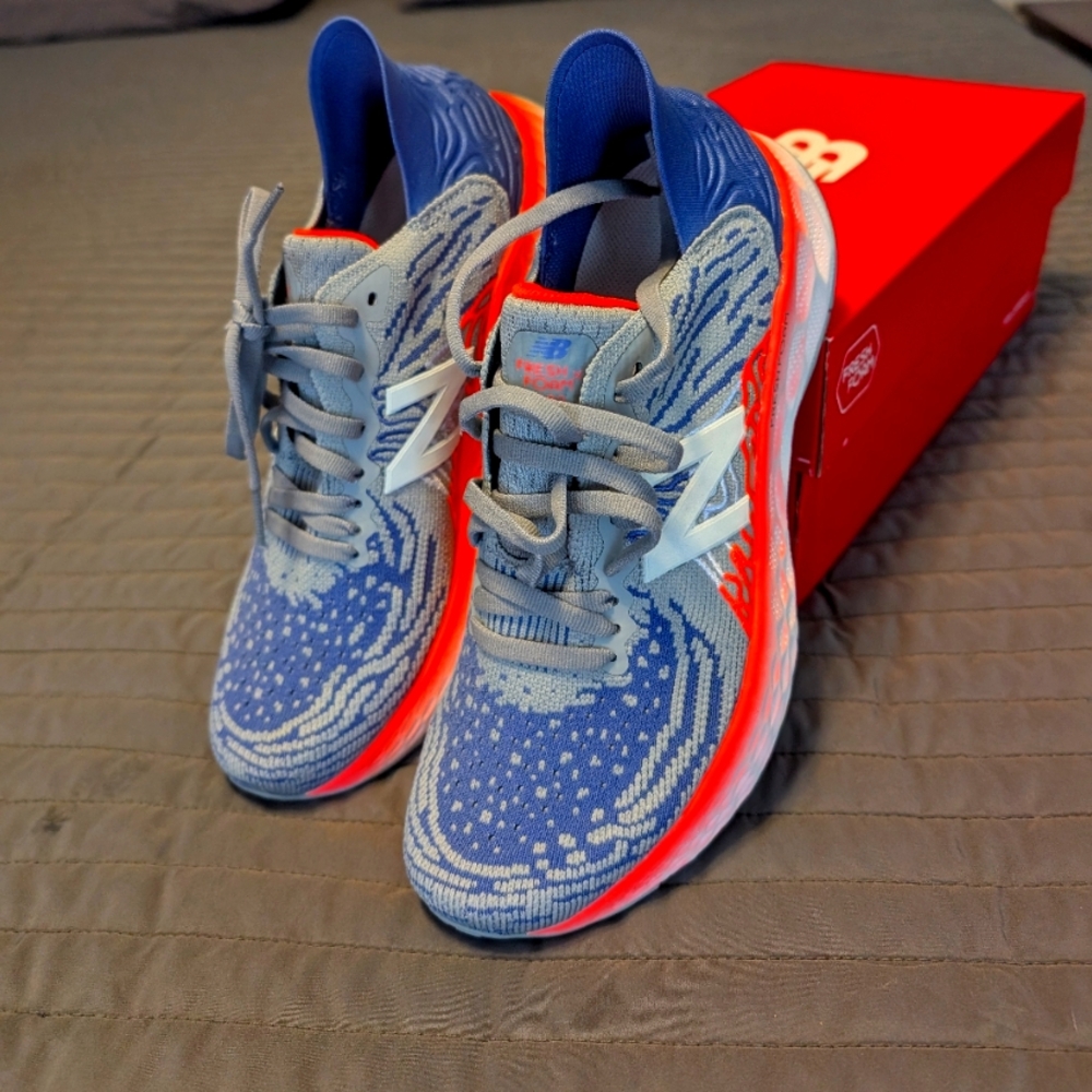 New Balance 1080 Running Shoes. Blue and Gray Sneakers with Orange Highlights